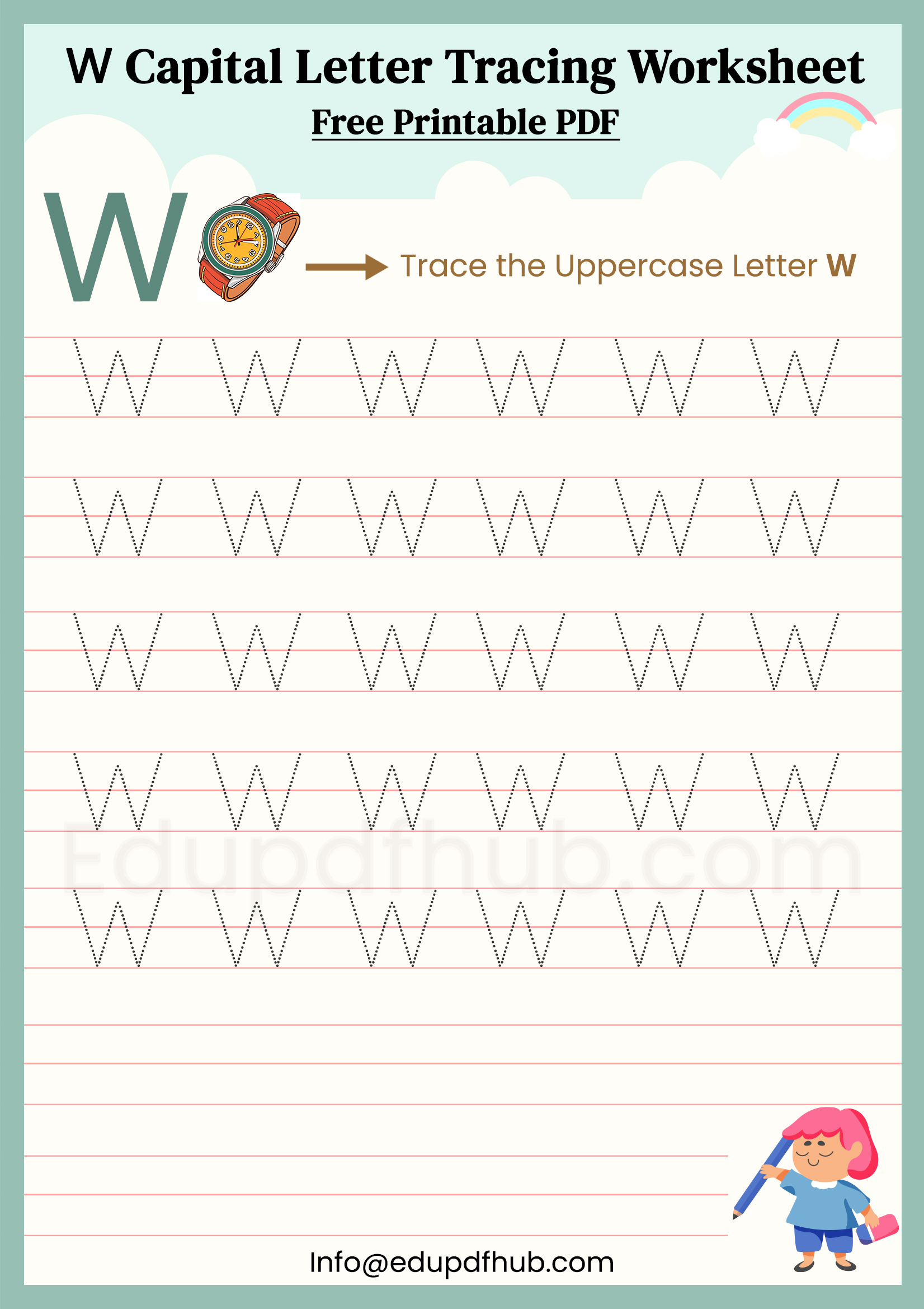 W Capital Letter Tracing Worksheet Printable PDF for Kids